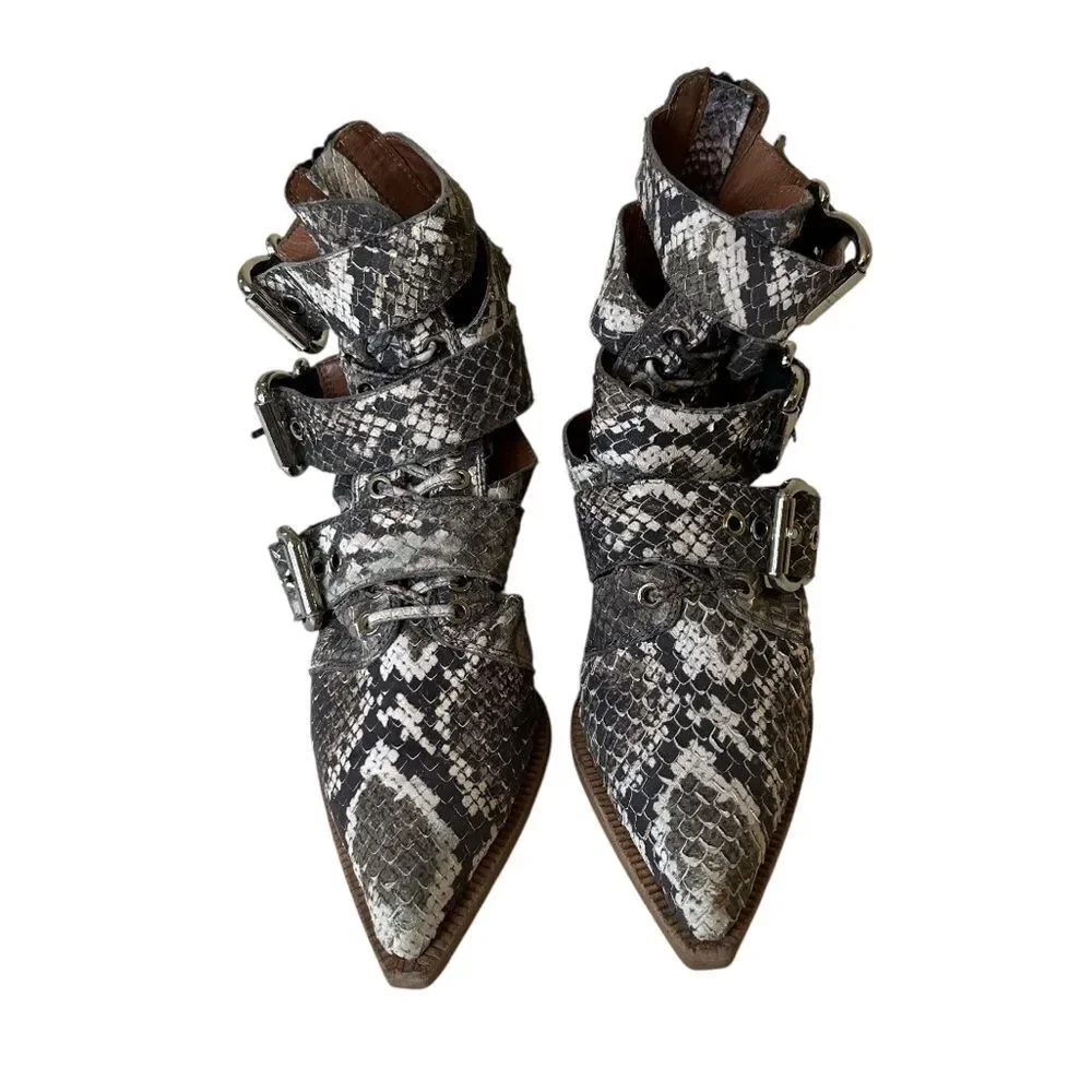 JEFFREY CAMPBELL Snakeskin Buckle Ankle Caceres Bootie in Brown & Grey Snake